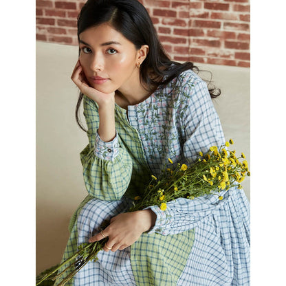 Pinnacle By Shruti Sancheti Light Green And Grey Check Gathered Embroidered Dress