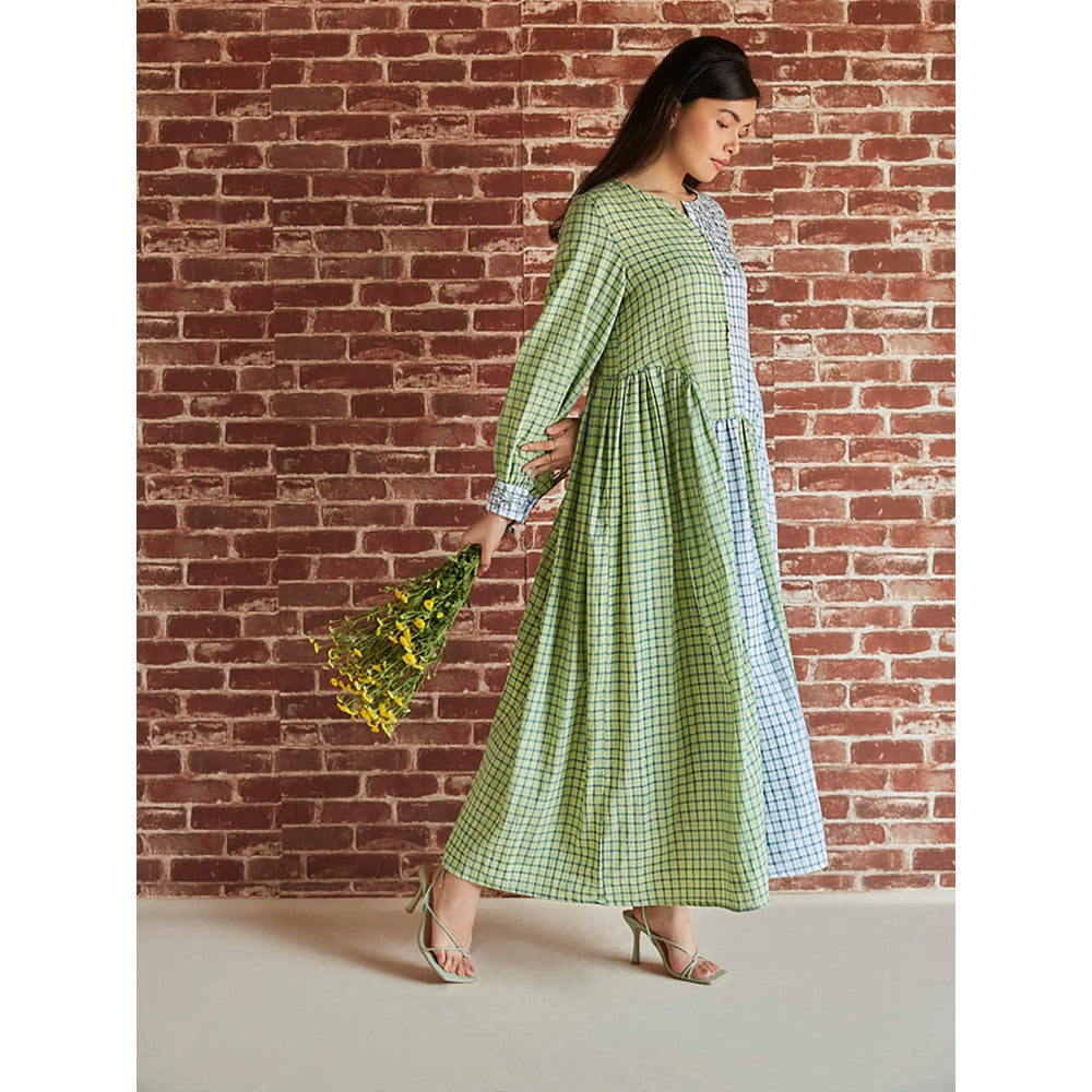 Pinnacle By Shruti Sancheti Light Green And Grey Check Gathered Embroidered Dress