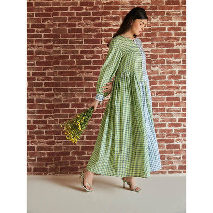 Pinnacle By Shruti Sancheti Light Green And Grey Check Gathered Embroidered Dress