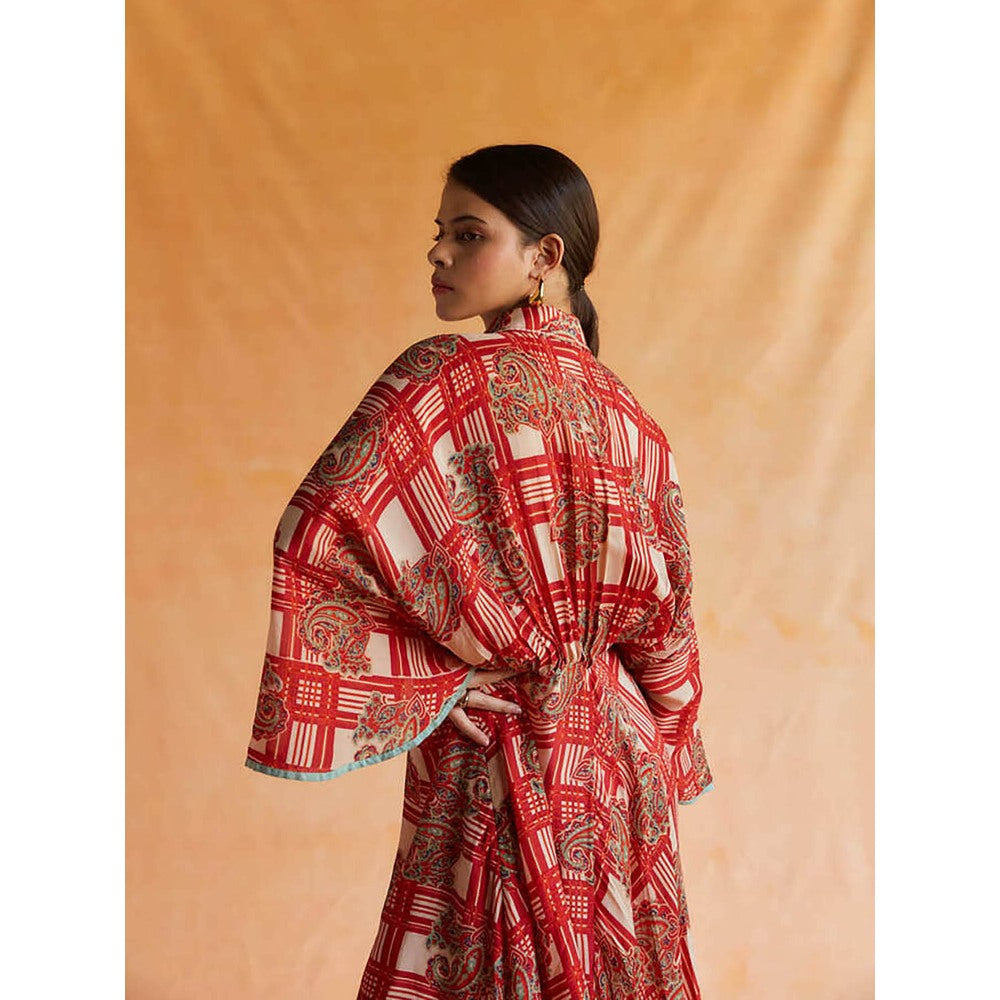 Pinnacle By Shruti Sancheti Beige And Red Mul Printed Kimono Dress