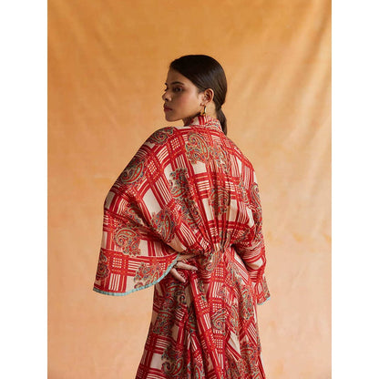 Pinnacle By Shruti Sancheti Beige And Red Mul Printed Kimono Dress