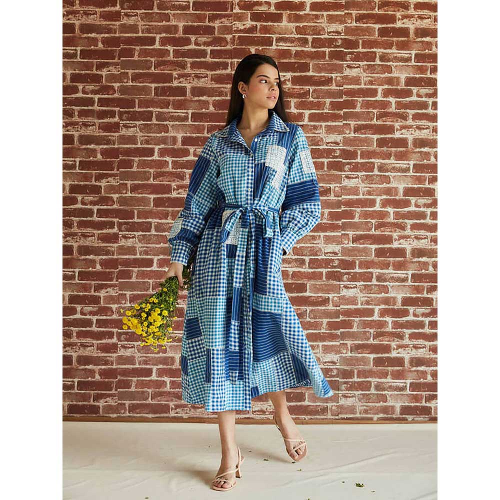 Pinnacle By Shruti Sancheti Blue Check Spliced Cotton Shirt Dress (Set of 2)