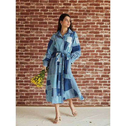 Pinnacle By Shruti Sancheti Blue Check Spliced Cotton Shirt Dress (Set of 2)