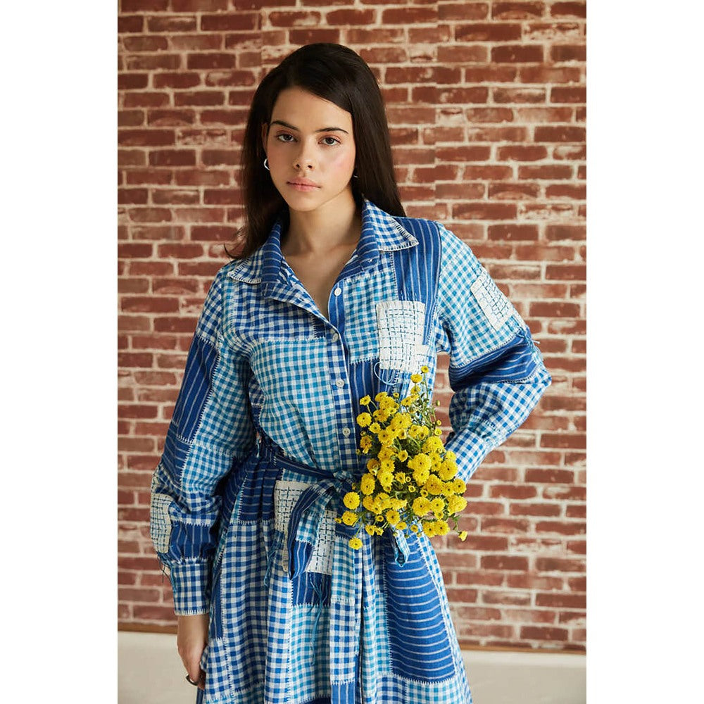 Pinnacle By Shruti Sancheti Blue Check Spliced Cotton Shirt Dress (Set of 2)