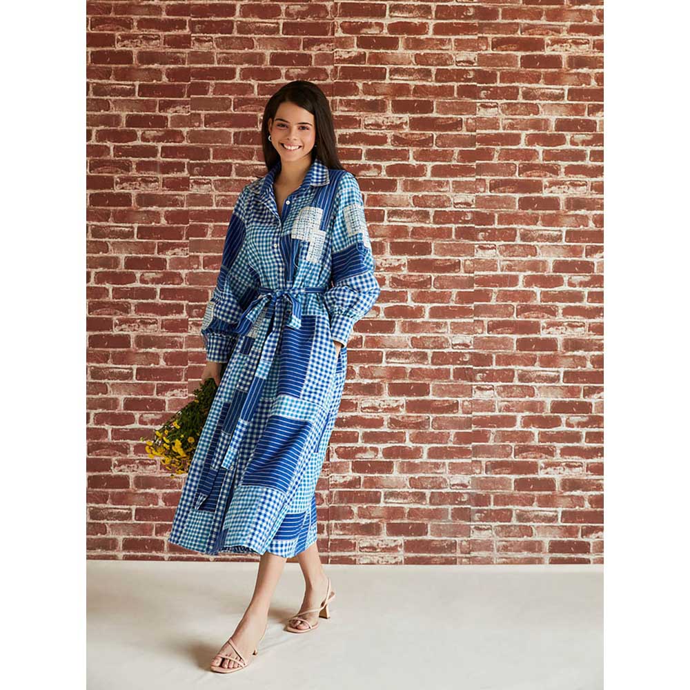 Pinnacle By Shruti Sancheti Blue Check Spliced Cotton Shirt Dress (Set of 2)