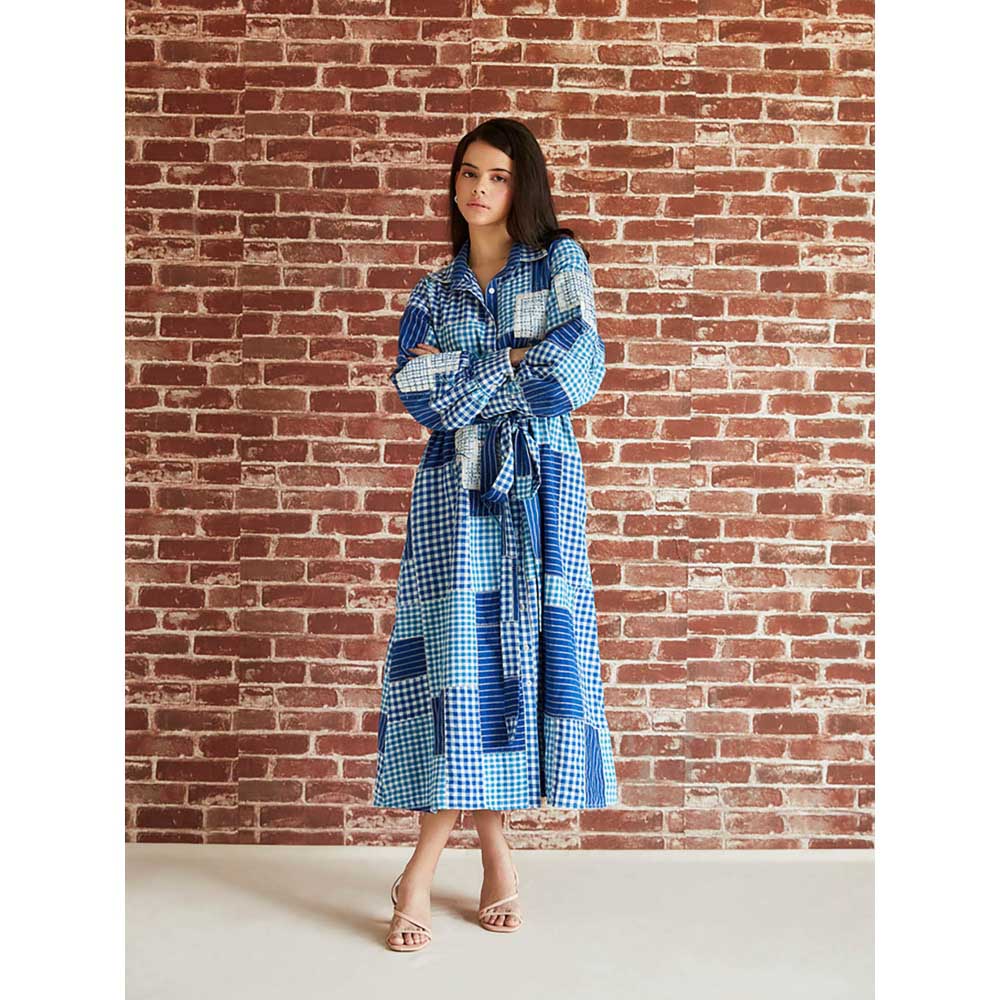 Pinnacle By Shruti Sancheti Blue Check Spliced Cotton Shirt Dress (Set of 2)