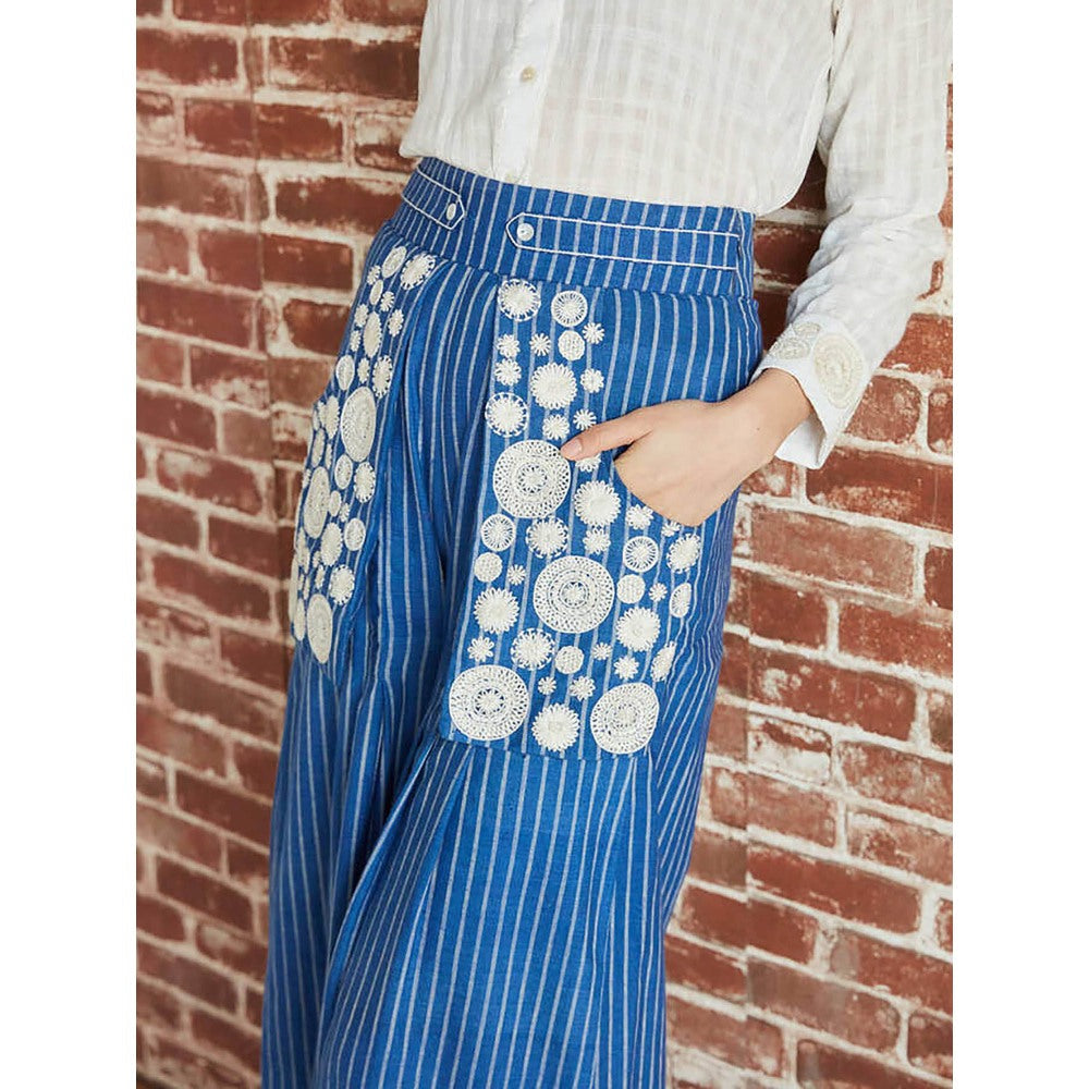 Pinnacle By Shruti Sancheti Blue Cotton Stripe Pleated And Embroidered Palazzo