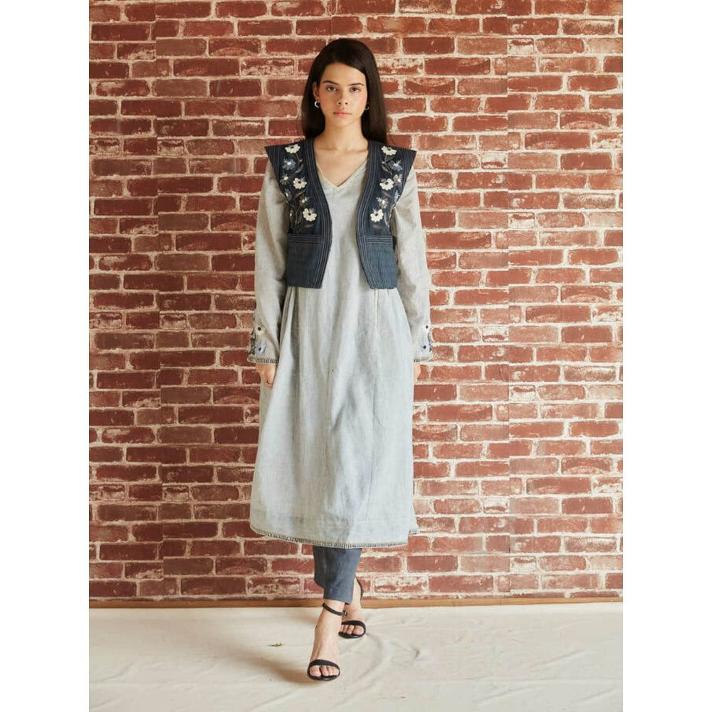 Pinnacle By Shruti Sancheti Grey Cotton Embroidered Kurta with Black Pant (Set of 2)