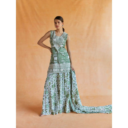 Pinnacle By Shruti Sancheti Green-White Printed Short Kurta Palazzo and Dupatta (Set of 3)