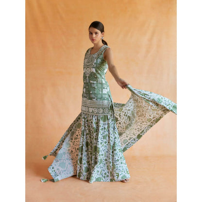 Pinnacle By Shruti Sancheti Green-White Printed Short Kurta Palazzo and Dupatta (Set of 3)