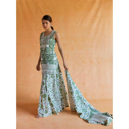 Pinnacle By Shruti Sancheti Green-White Printed Short Kurta Palazzo and Dupatta (Set of 3)