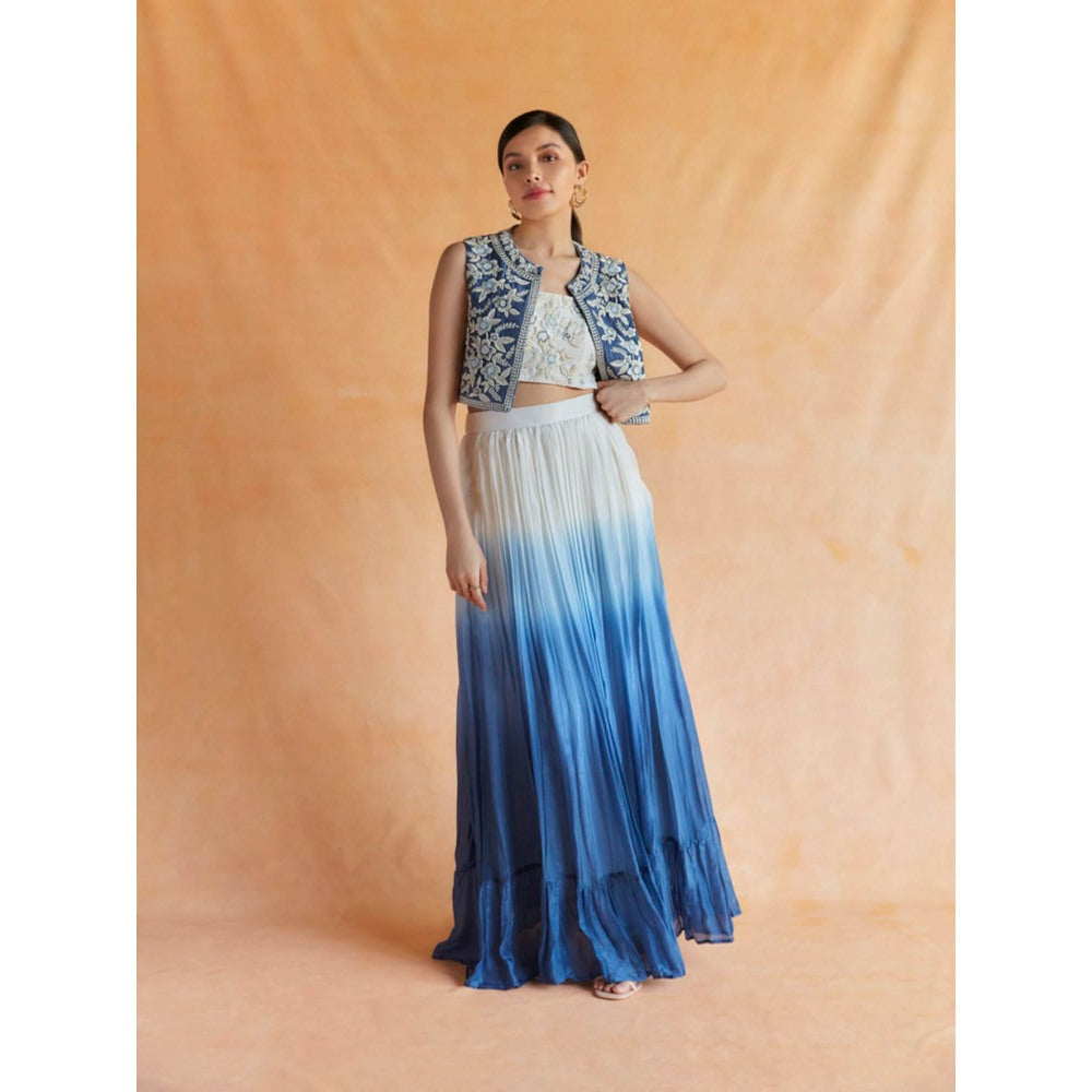 Pinnacle By Shruti Sancheti Blue-White Ombre Skirt with Top & Embroidered Crop Vest (Set of 3)