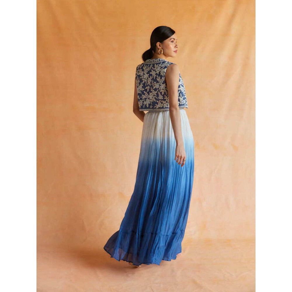 Pinnacle By Shruti Sancheti Blue-White Ombre Skirt with Top & Embroidered Crop Vest (Set of 3)