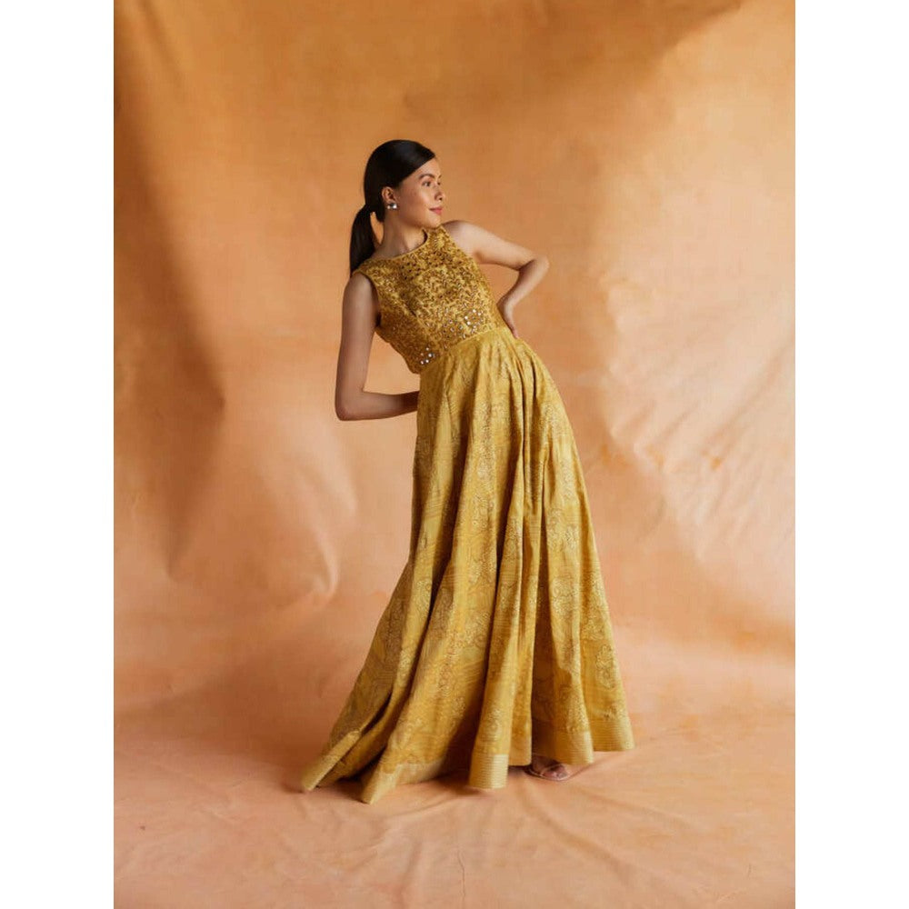 Pinnacle By Shruti Sancheti Yellow Gold Printed and Embroidered Maxi