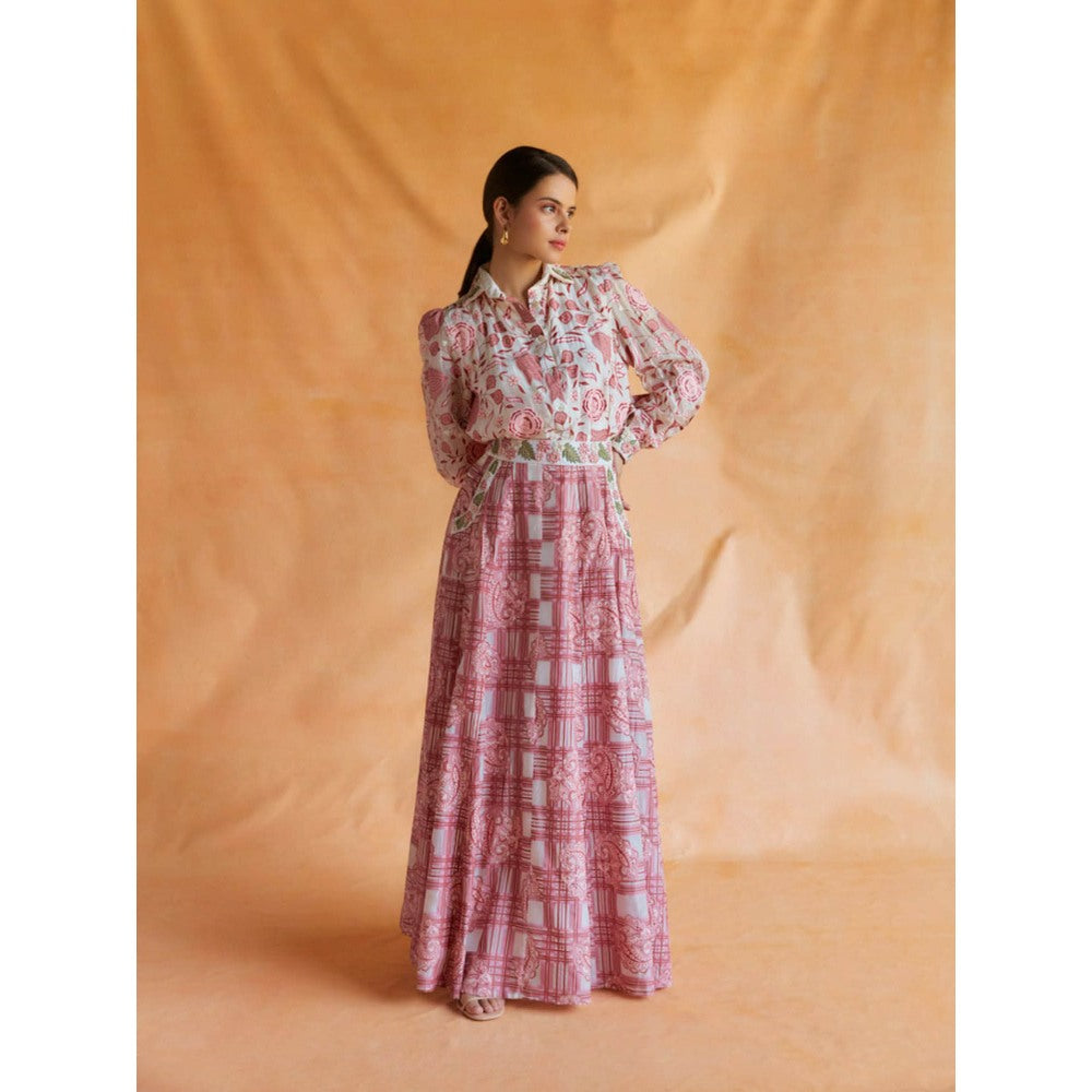 Pinnacle By Shruti Sancheti Pink On White Printed and Embroidered Shirt with Skirt (Set of 2)