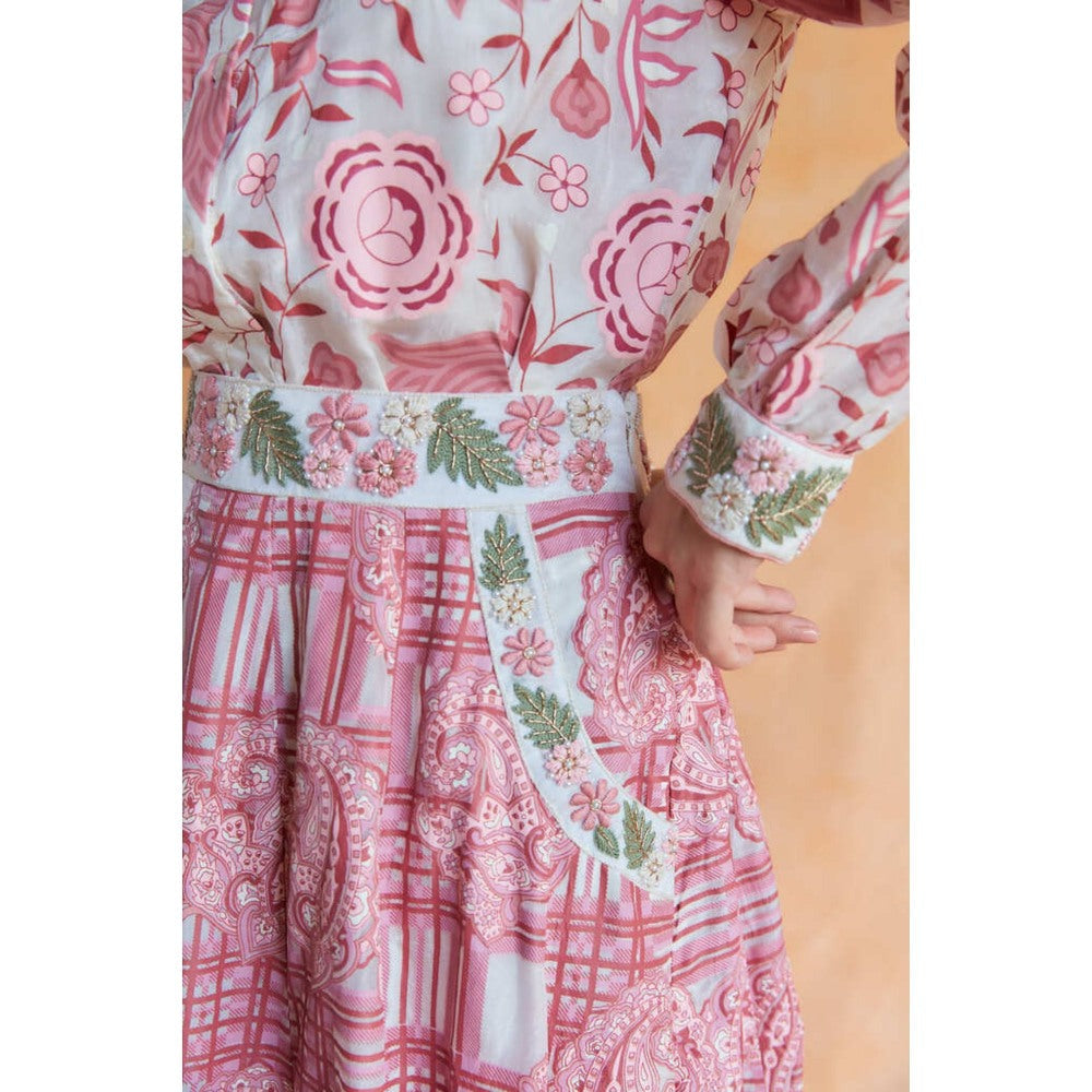 Pinnacle By Shruti Sancheti Pink On White Printed and Embroidered Shirt with Skirt (Set of 2)