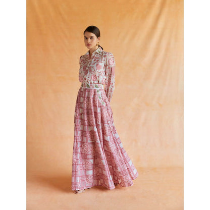 Pinnacle By Shruti Sancheti Pink On White Printed and Embroidered Shirt with Skirt (Set of 2)