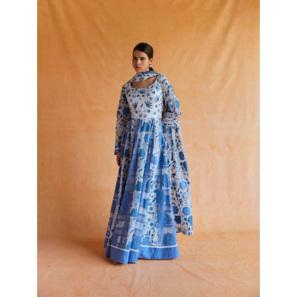 Pinnacle By Shruti Sancheti Blue and White Printed Anarkali with Dupatta (Set of 2)