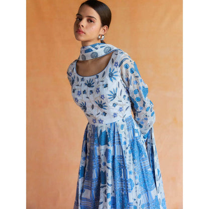 Pinnacle By Shruti Sancheti Blue and White Printed Anarkali with Dupatta (Set of 2)
