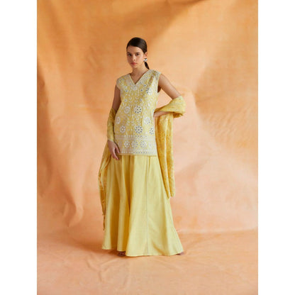 Pinnacle By Shruti Sancheti Yellow Embroidered Short Kurta with Palazzo & Dupatta (Set of 2)