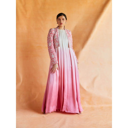 Pinnacle By Shruti Sancheti Pink and White Ombre Maxi with Embroidered Jacket (Set of 2)