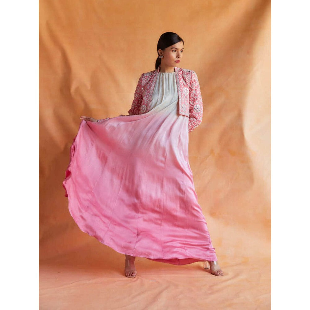 Pinnacle By Shruti Sancheti Pink and White Ombre Maxi with Embroidered Jacket (Set of 2)