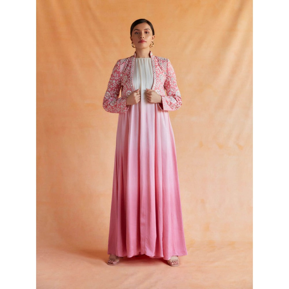 Pinnacle By Shruti Sancheti Pink and White Ombre Maxi with Embroidered Jacket (Set of 2)