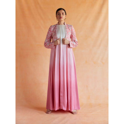 Pinnacle By Shruti Sancheti Pink and White Ombre Maxi with Embroidered Jacket (Set of 2)