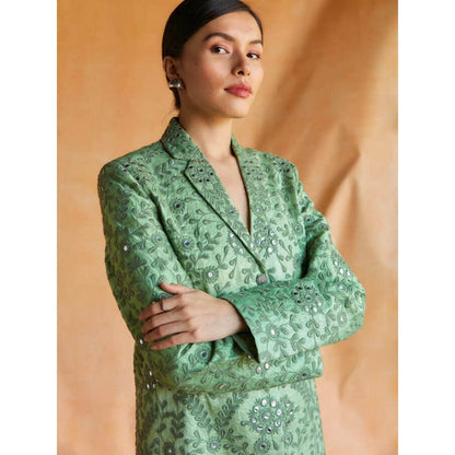 Pinnacle By Shruti Sancheti Green Mirror Embroidered Blazer with Palazzo (Set of 2)