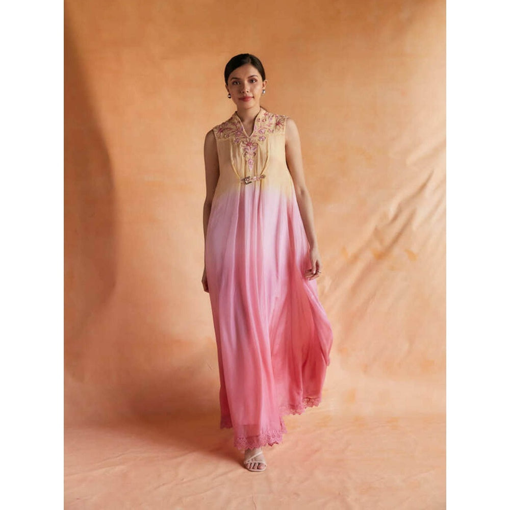Pinnacle By Shruti Sancheti Yellow and Pink Ombre Maxi with Embroidered Neck