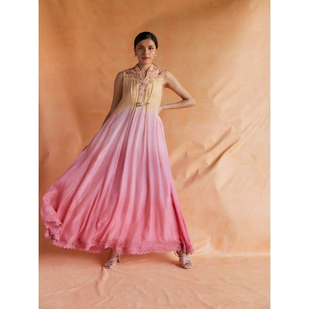 Pinnacle By Shruti Sancheti Yellow and Pink Ombre Maxi with Embroidered Neck