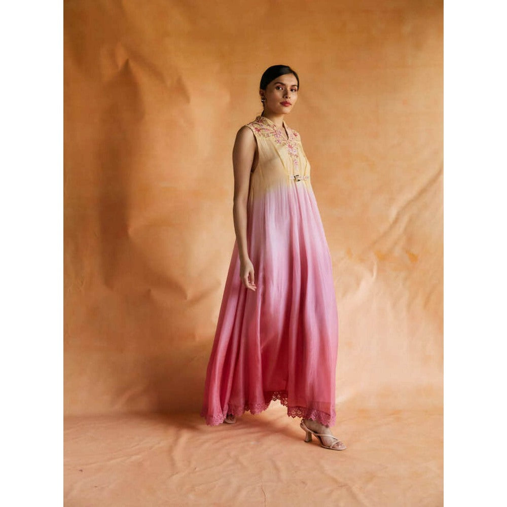 Pinnacle By Shruti Sancheti Yellow and Pink Ombre Maxi with Embroidered Neck