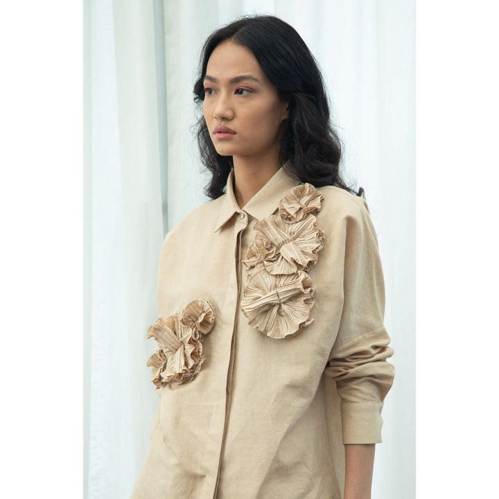 Pleats by Aruni Beige Flower Shirt and Shorts Co-Ord (Set of 2)