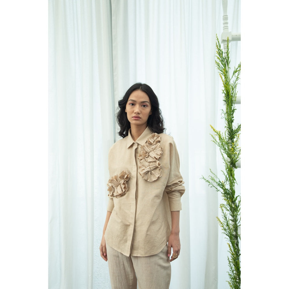 Pleats by Aruni Beige Flower Shirt and Pants Co-Ord (Set of 2)