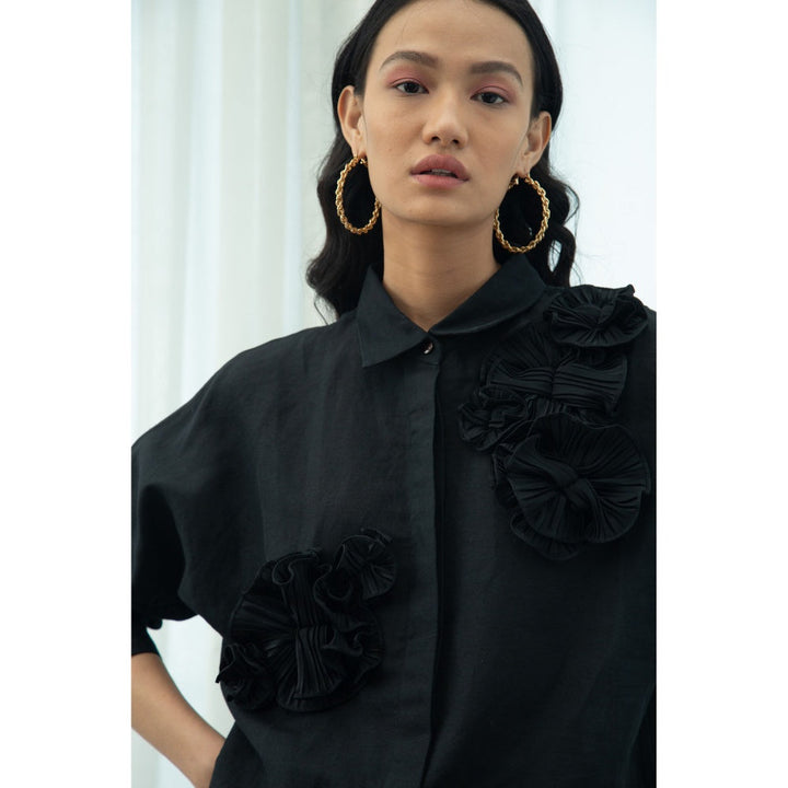 Pleats by Aruni Black Flower Shirt and Shorts Co-Ord (Set of 2)