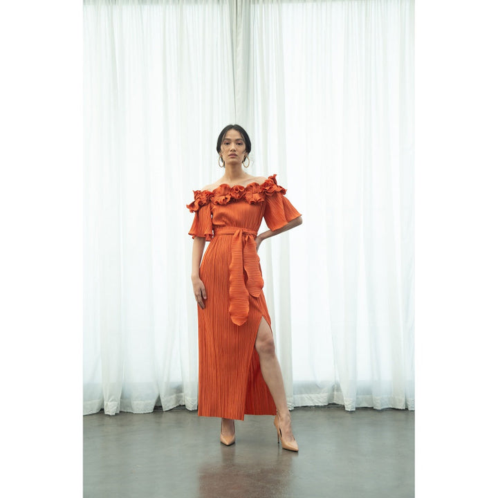 Pleats by Aruni Orange Pleated Flower Gown with Belt (Set of 2)