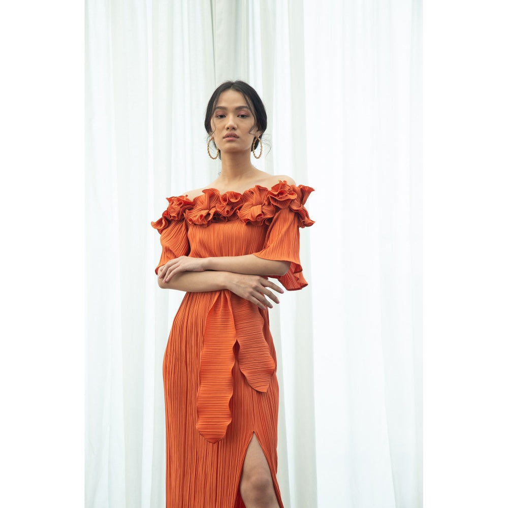 Pleats by Aruni Orange Pleated Flower Gown with Belt (Set of 2)