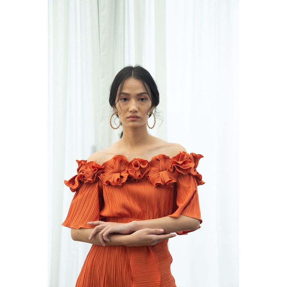 Pleats by Aruni Orange Pleated Flower Gown with Belt (Set of 2)