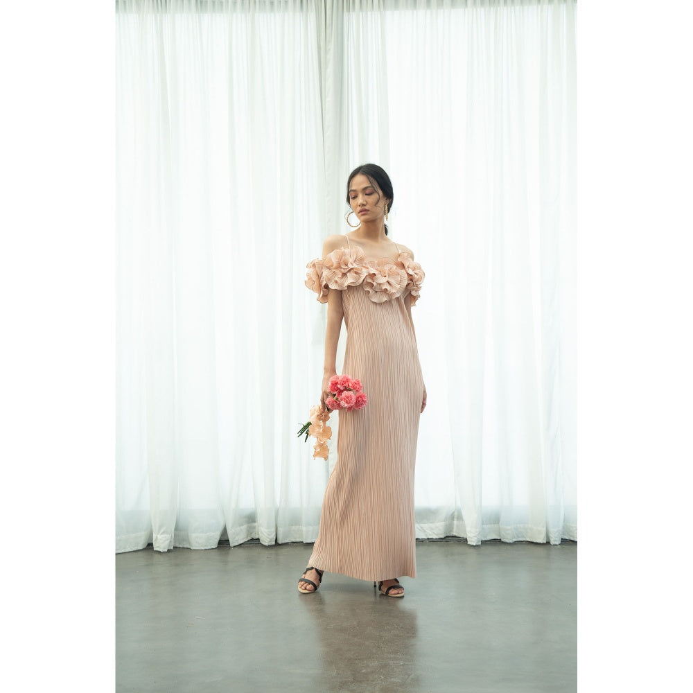 Pleats by Aruni Beige Pleated Flower Gown