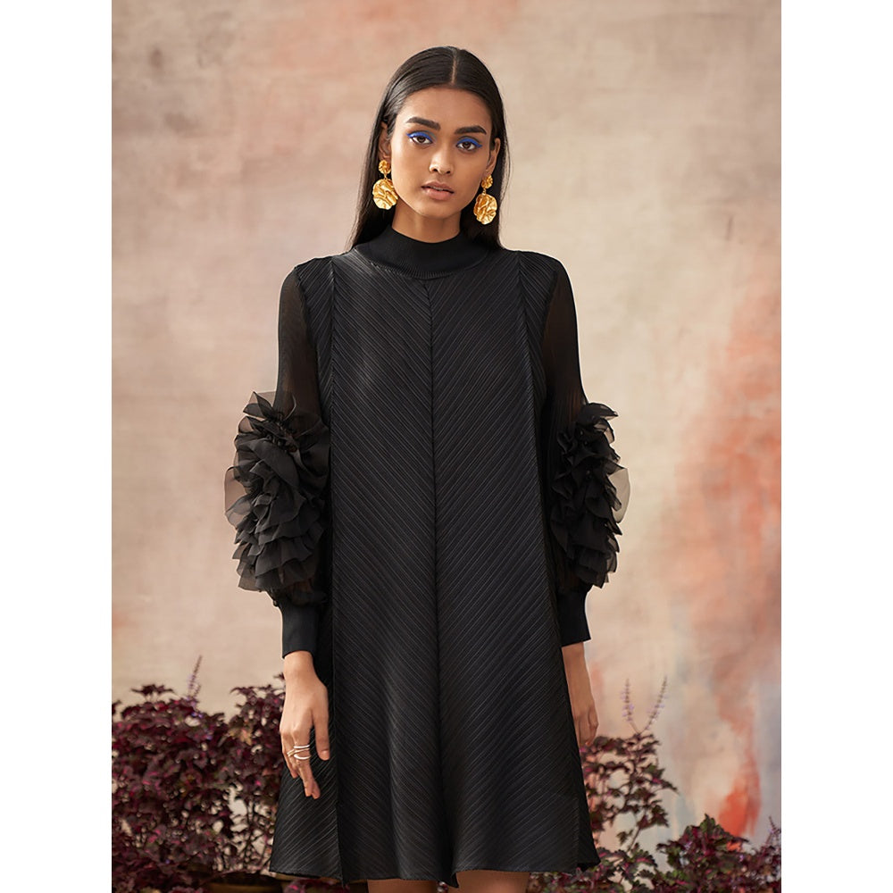 Pleats by Aruni Black Flower Sleeves Pleat Dress