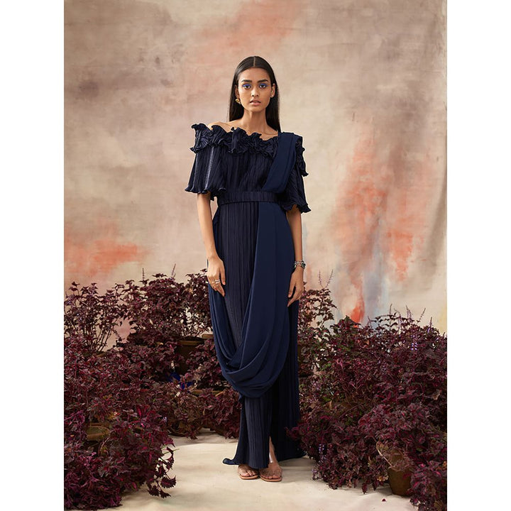 Pleats by Aruni Blue Flower Pleated Gown with Attached Drape