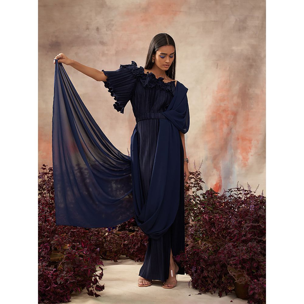 Pleats by Aruni Blue Flower Pleated Gown with Attached Drape