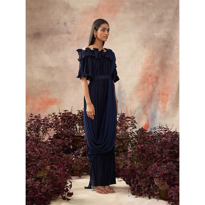 Pleats by Aruni Blue Flower Pleated Gown with Attached Drape