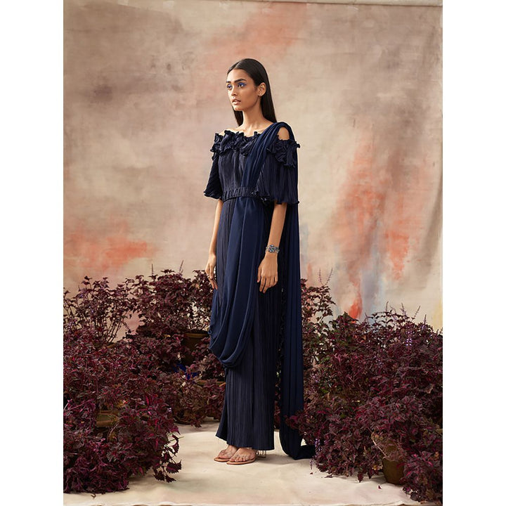 Pleats by Aruni Blue Flower Pleated Gown with Attached Drape