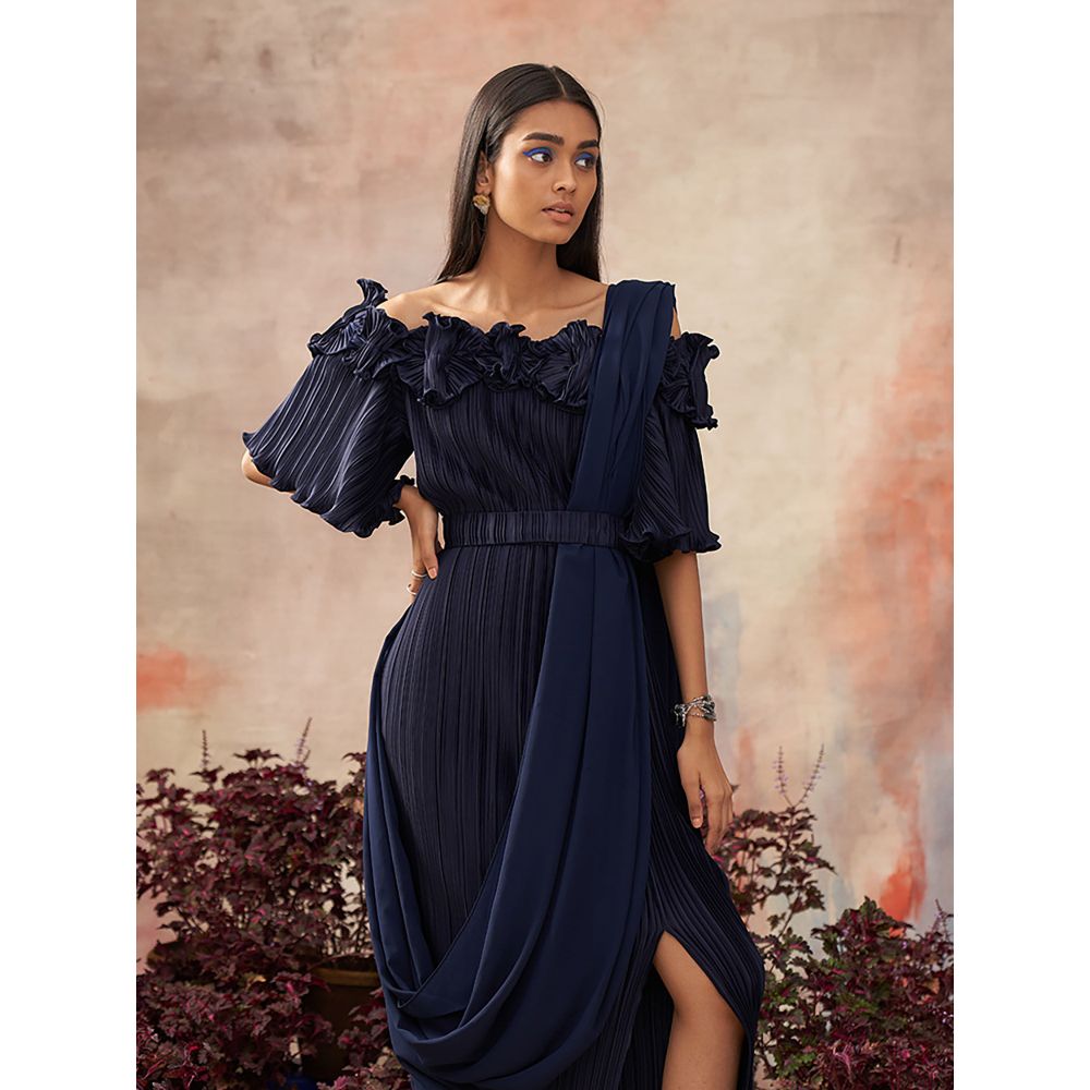 Pleats by Aruni Blue Flower Pleated Gown with Attached Drape