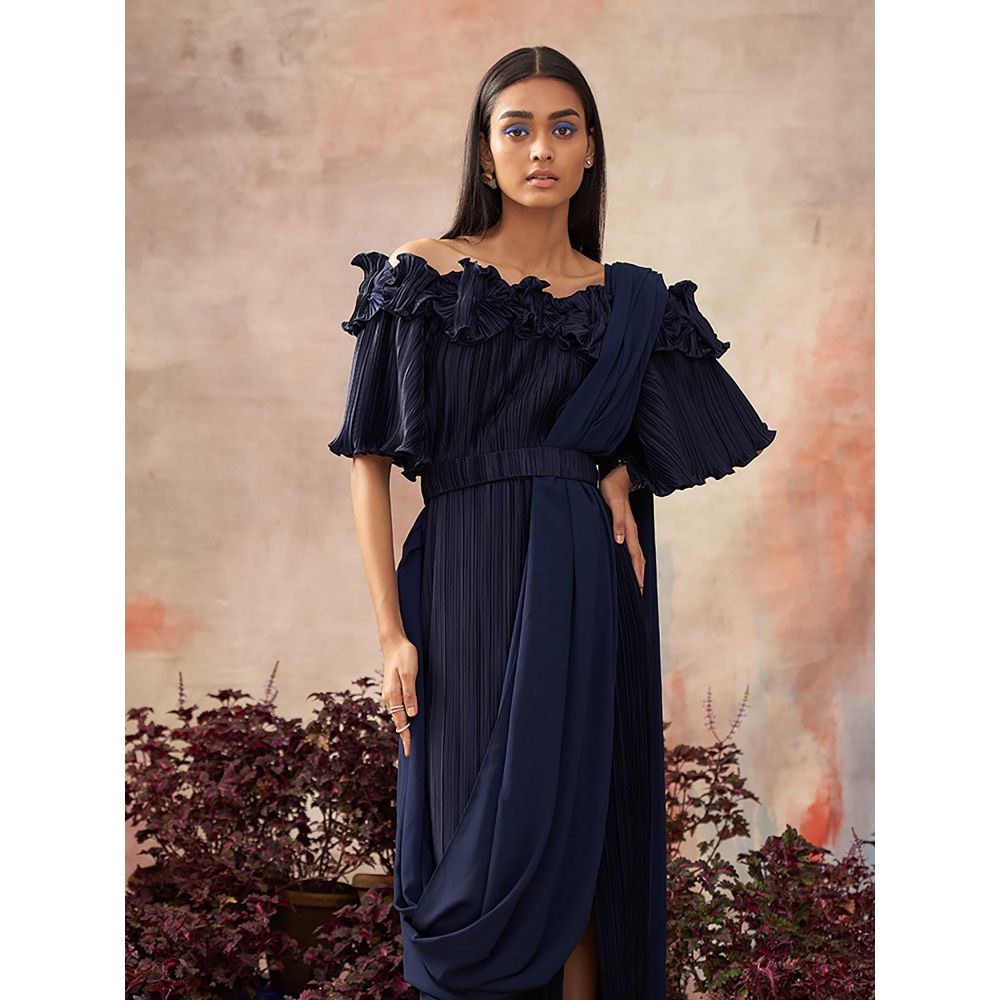 Pleats by Aruni Blue Flower Pleated Gown with Attached Drape