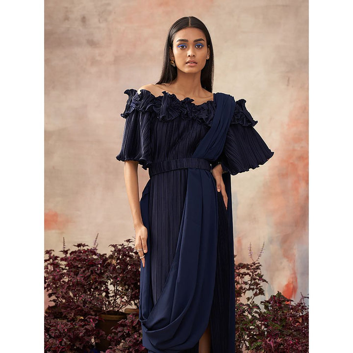 Pleats by Aruni Blue Flower Pleated Gown with Attached Drape