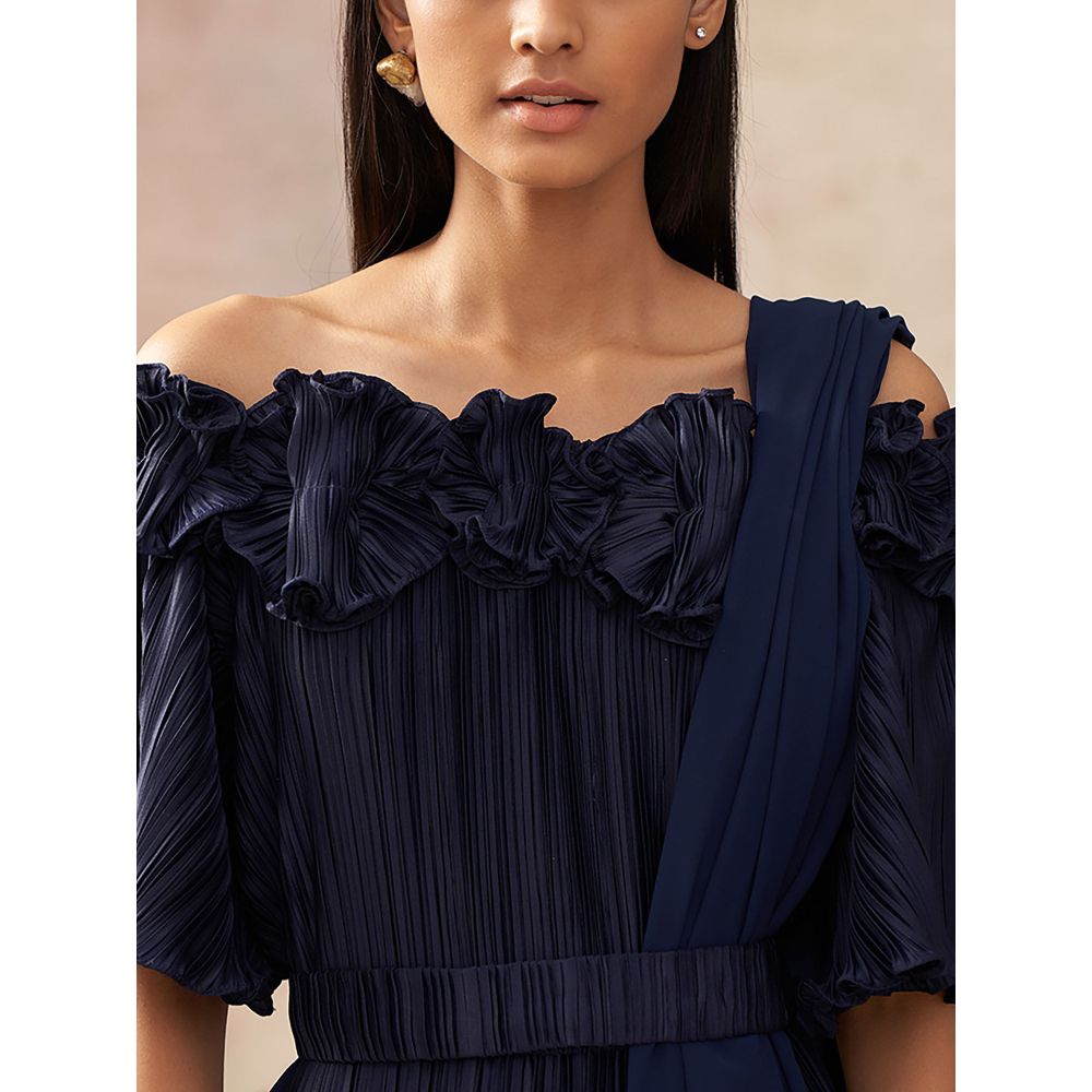 Pleats by Aruni Blue Flower Pleated Gown with Attached Drape