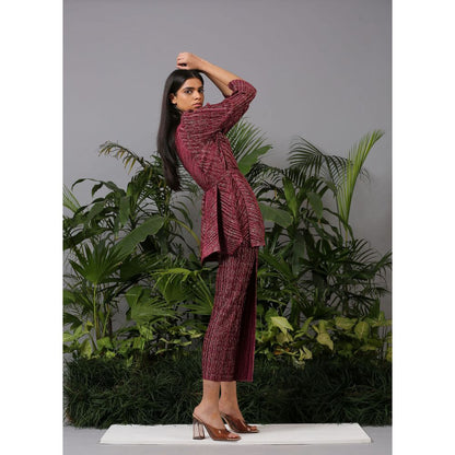 Pleats by Aruni Red Metallic V Neck Top and Pan with Belt Coord (Set of 3)