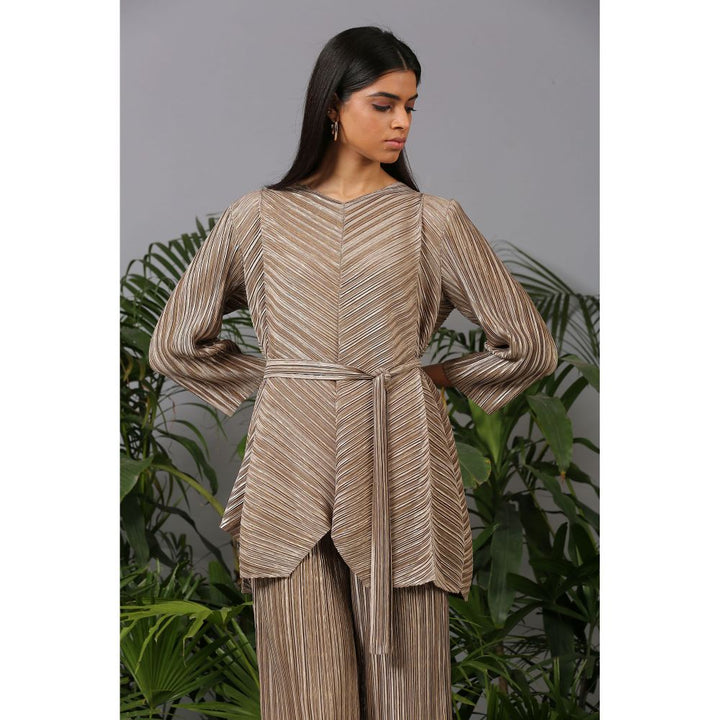 Pleats by Aruni Gold Metallic V Neck Top and Pan with Belt Coord (Set of 3)